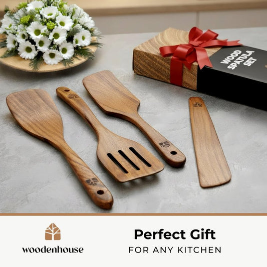 Wooden Spatula for Cooking - Natural Teak Wood Spatula for Non Stick Frying Pan - Wooden Cooking Utensils Set of 4 Including Paddle, Turner, Slotted Spurtle and Wood Scraper - Long Ergonomic Handles