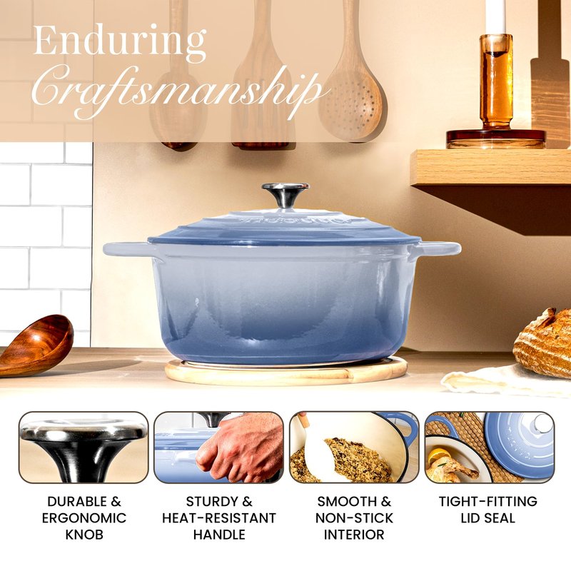 Nuovva Enamelled Cast Iron Dutch Oven Pot with Lid 6.4 Quart Non Stick Casserole Pot – Heavy Duty & Oven Safe up to 500° F for Bread Baking, Braising, Stews, Roasting – 28cm Costal Blue