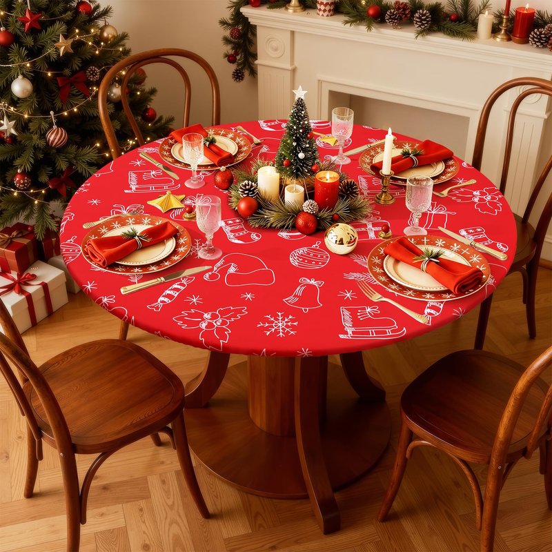 Smiry Round Spandex Tablecloth, Elastic Fitted Washable Tablecloths for 36"-44" Tables, Waterpoof Stretch Picnic Table Cover for Dining, Indoor and Outdoor, Holly Berry & Gift