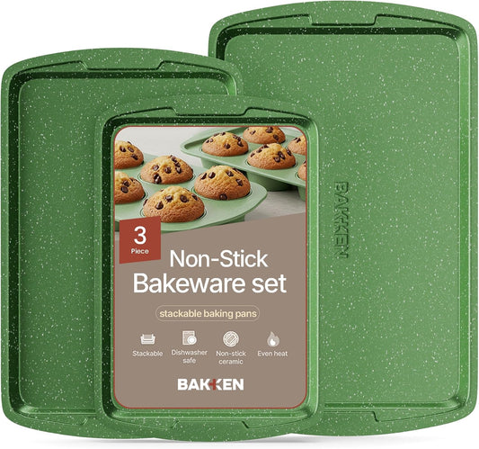 BAKKEN Nonstick Baking Pan Set - Green Marble Coating, Oven Safe Up to 450°F | Set of 3 Essential Bakeware