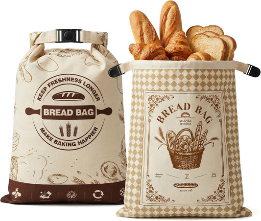 Beeswax Bread Bags - 2 Pack Reusable Cotton Storage Bags with Removable Liner | 16x12 Inch for Fresh Sourdough