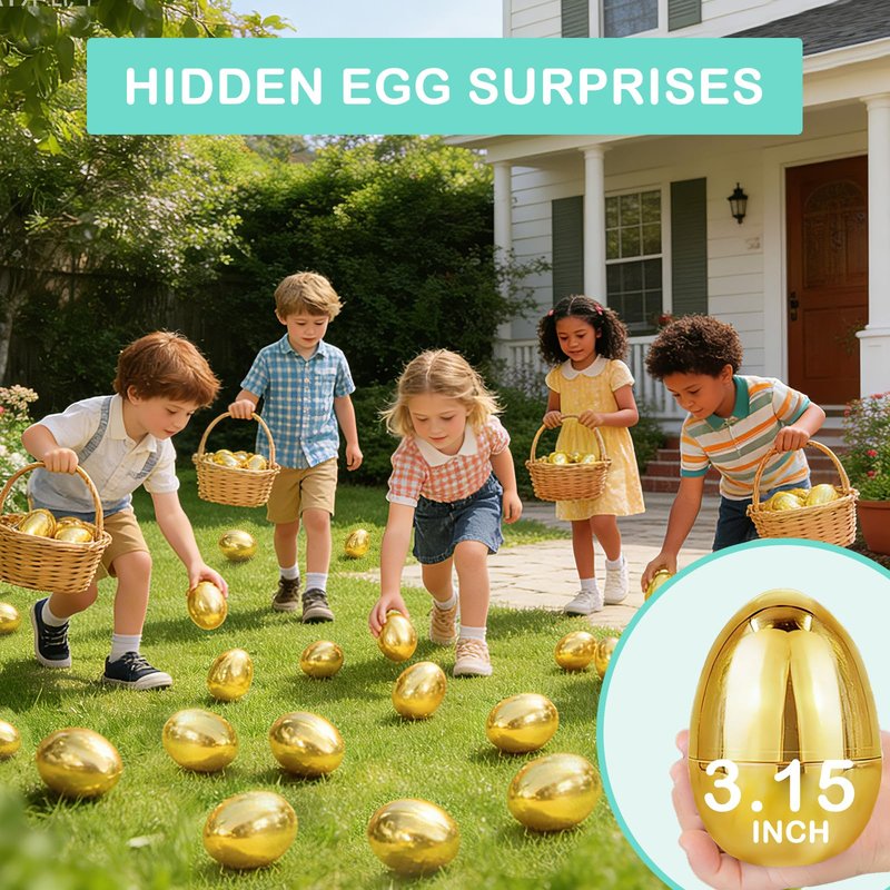 AMENON 3.15" Golden Easter Eggs, 36PCS Fillable Plastic Eggs Empty Surprise Gold Eggshells with Hinge for Easter Hunt Easter Basket Stuffers Fillers Classroom Prize Supplies Filling Treats Party Favor