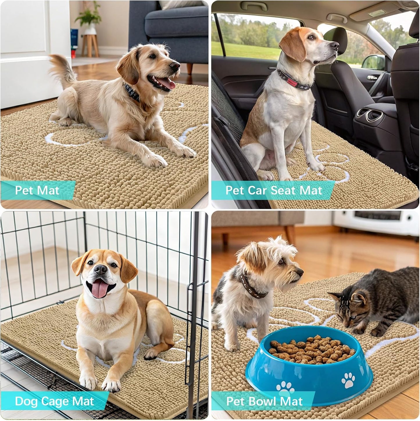 OLANLY Dog Door Mat - Absorbent Non-Slip Chenille for Muddy Paws | 47x20 Paw Print Design, Beige