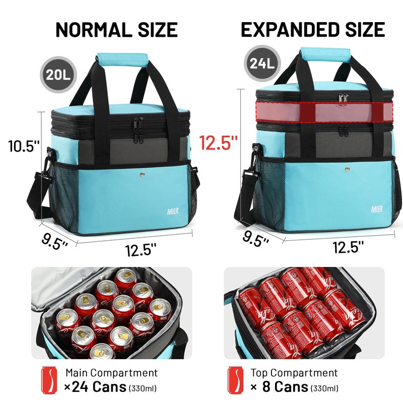 MIER Expandable 24L Lunch Bag Double Layer Insulated Cooler Tote Soft Cooler Bags 30Can Mens Adults Lagre Leakproof Lunch Boxes for Work, Picnic, Camping, Travel, Light Blue