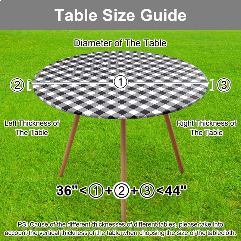 Smiry Round Picnic Tablecloth, Elastic Waterproof Fitted Vinyl Tablecloths for 36"-44" Tables, Flannel Backed Buffalo Plaid Table Cover for Dining, Camping, Outdoor, Black and White