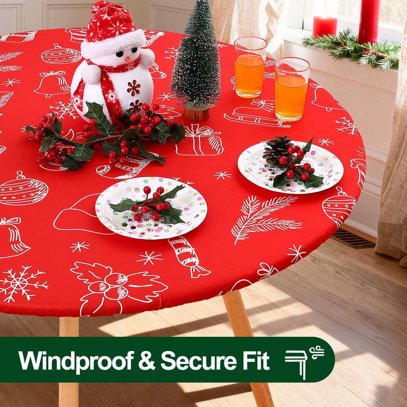 Smiry Round Spandex Tablecloth, Elastic Fitted Washable Tablecloths for 36"-44" Tables, Waterpoof Stretch Picnic Table Cover for Dining, Indoor and Outdoor, Holly Berry & Gift