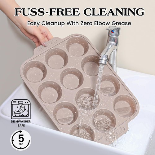 AOTASO 2 Pcs Silicone Muffin Pans for Baking with Metal Reinforced Frame, Nonstick Cupcake Tray for Oven, 12 Cups Regular Size Silicone Molds for Egg Bites, Dishwasher Safe (Brown, Cream)