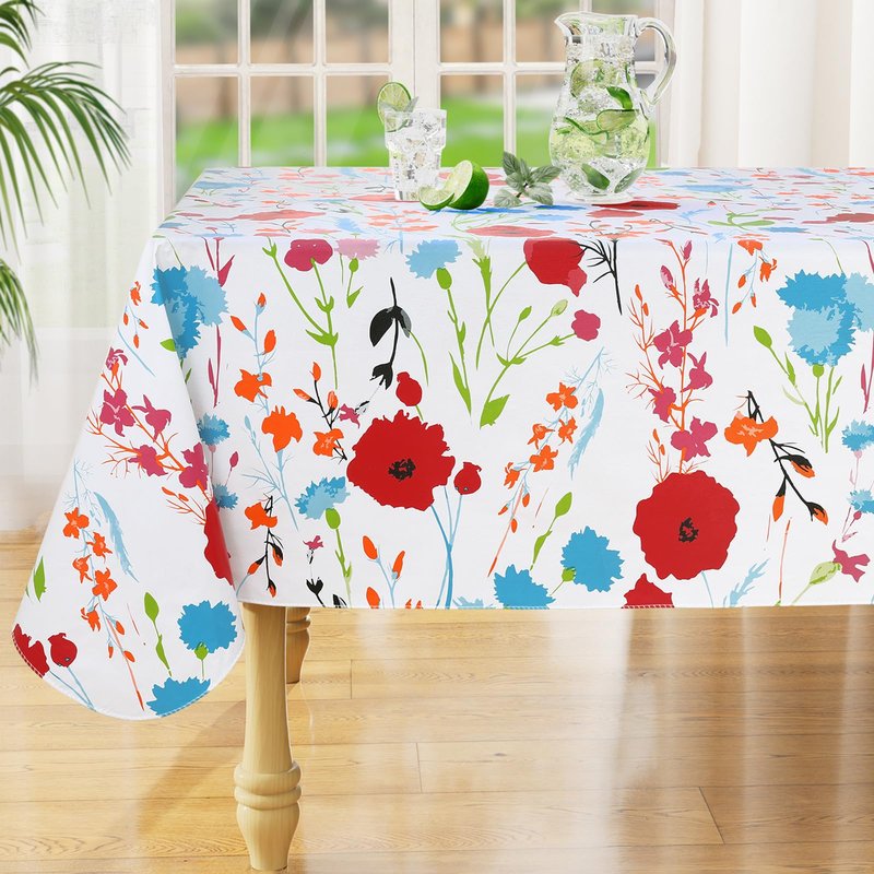 misaya Rectangle Waterproof Vinyl Table Cloth, Wipeable Tablecloth with Flannel Backing, Plastic Table Cover for Dinner, Picnic, Indoor and Outdoor (Flowers, 60" x 84")