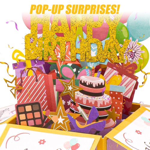Funny Happy Birthday Gifts Card, Sweet 3D Birthday Gift Box for Adults and Kids with Envelopes, Unique Handmade Foldable Celebration Cards for Daughter, Son, Mom, Dad, Friend