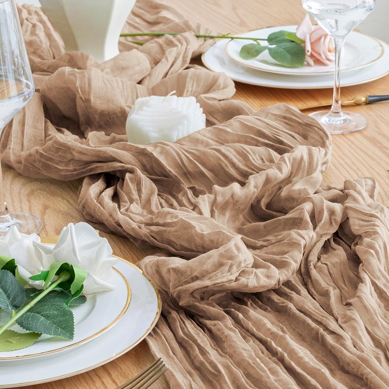 Xiomot Table Runner Cheesecloth 10FT Nude Boho Gauze Cheese Cloth Rustic Sheer Table Runners for Wedding Bridal Baby Shower Party Decoration