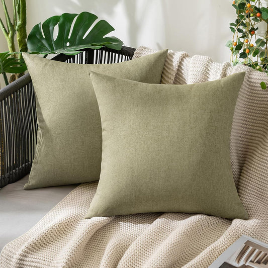 MIULEE Decorative Outdoor Throw Pillow Covers - Waterproof Faux Linen Cushion Cases | 18x18 Inch Light Olive Green (Pack of 2)