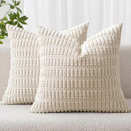 MIULEE Euro Sham Pillow Covers - Soft Boho Striped Corduroy | Pack of 2, 22x22 Inch, Cream White