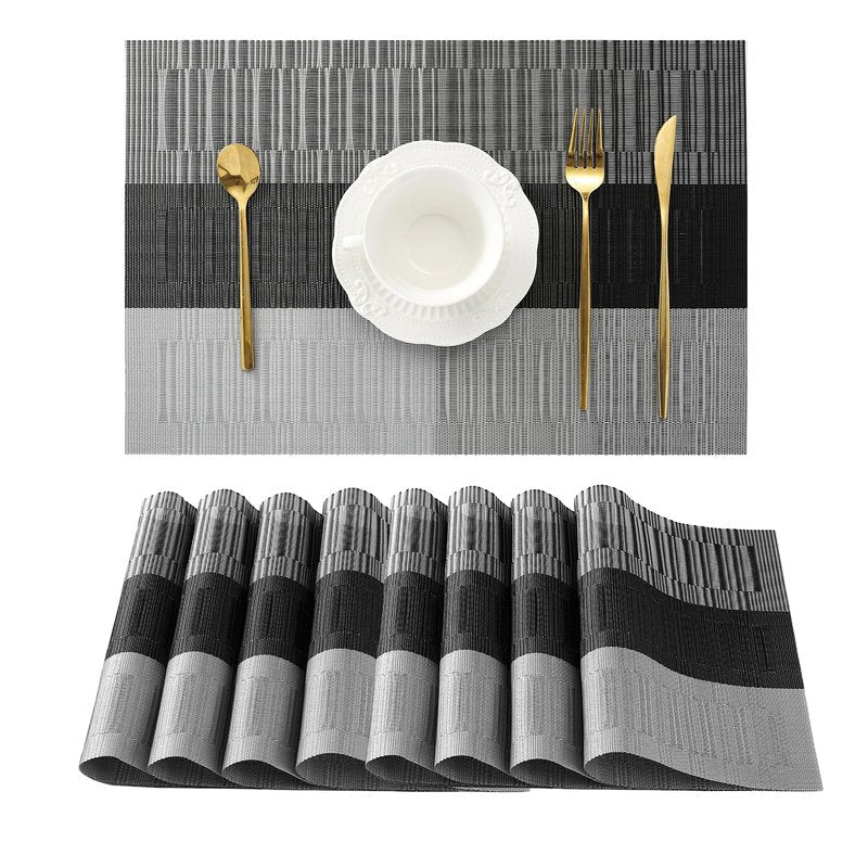 Leetaltree Grey with White Striped Placemats Set of 8 - Heat Resistant Non-Slip Place mats for Dining Table, Washable Durable PVC Vinyl Woven Table Mats（Grey Stripe, 8）