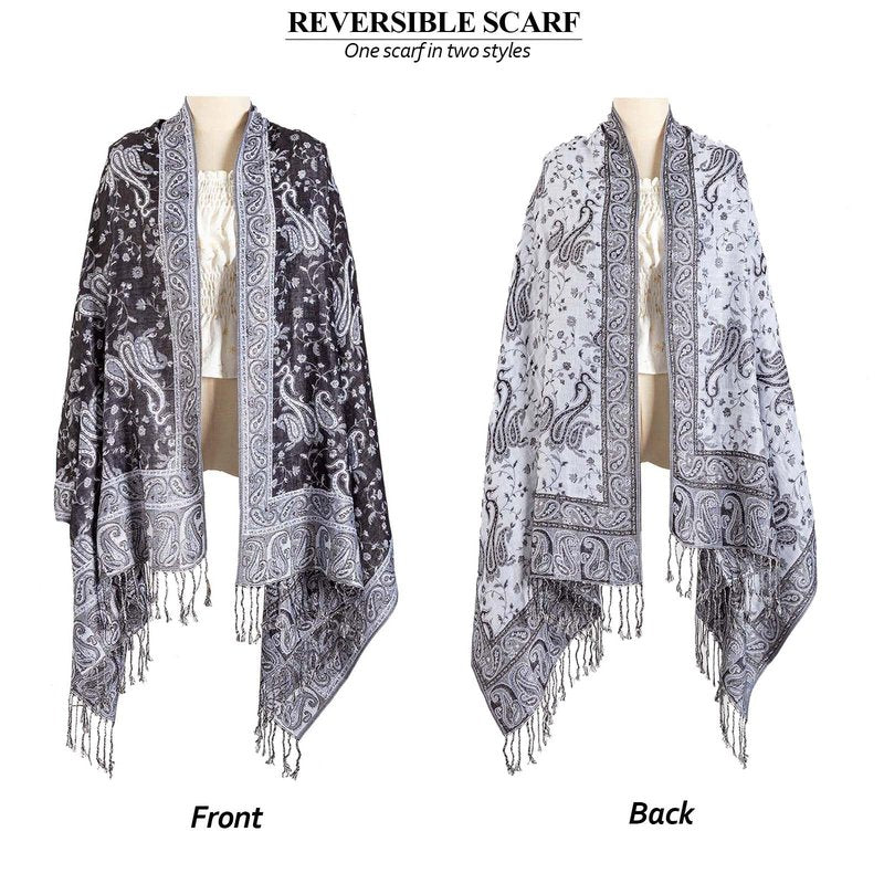 AUSEKALY Pashmina Feel Shawls Wraps for Women Rave Scarf Soft Silky Reversible Men Scarves Black White