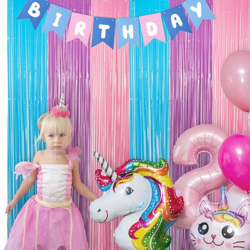 Blue Purple Pink Tinsel Backdrop - GREATRIL Pastel Foil Fringe Curtain Streamers for Pony Theme Birthday Mermaid Shower Unicorn Girls Party Decorations 2 Packs