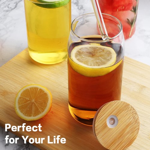 HOMBERKING Glass Cups with Bamboo Lids and Straws 8pcs Set, 20oz Cups, Beer Glasses, Iced Coffee Cups, Cute Tumbler with 2 Cleaning Brushes, Ideal for Cocktail, Whiskey, Tea, Gift