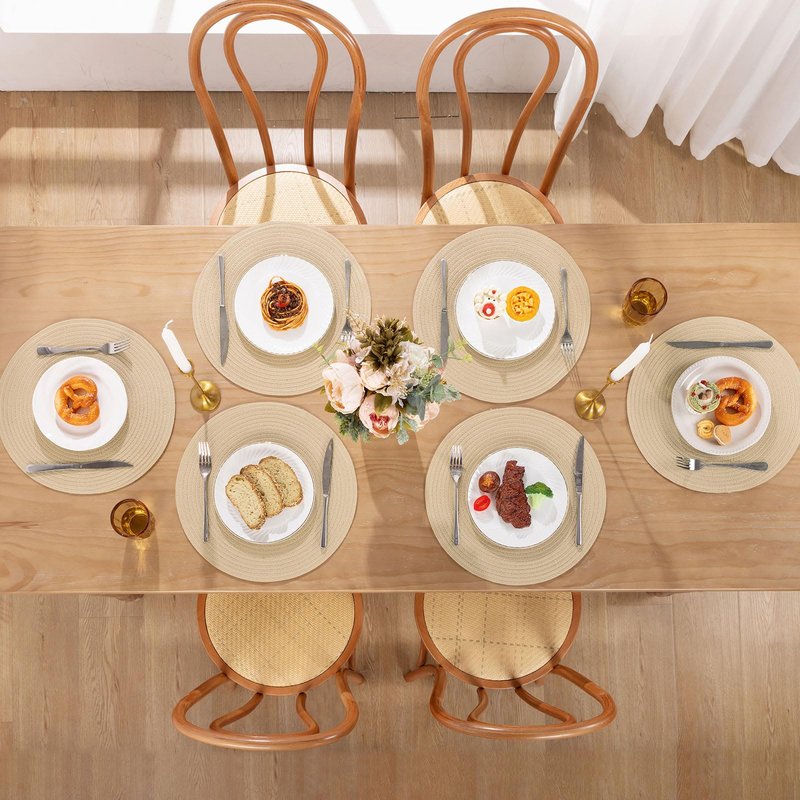 SHACOS 15 inch Round Braided Placemats Set of 6 Cotton Polyester Heat Resistant Table Mats Washable Place Mats for Dinner Party Table Decoration (Light Beige, 6)