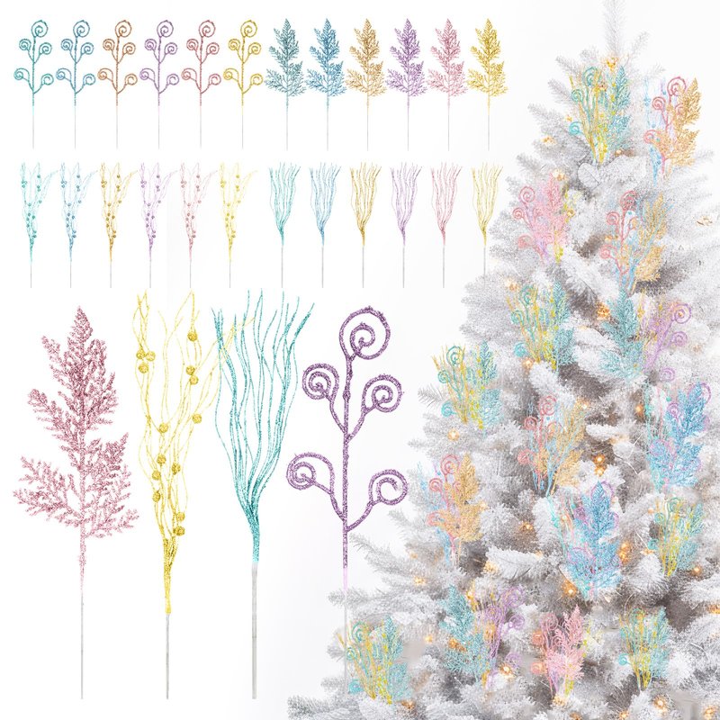 72 Pcs Pastel Christmas Tree Picks and Sprays Decoration Candy Christmas Tree Decor Artificial Glitter Berry Stems Pastel Candy Picks Ornaments Branches for Vase Filler Holiday Party Decoration