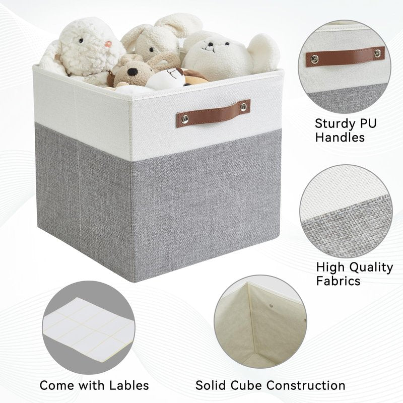 Bagnizer Collapsible Fabric Storage Cube Bins with 2 Reinforced PU Handles, Foldable Storage Organizer Baskets for Closet, Shelves, Living Room | 13"x13"x13", 4 Pack, Gray & White