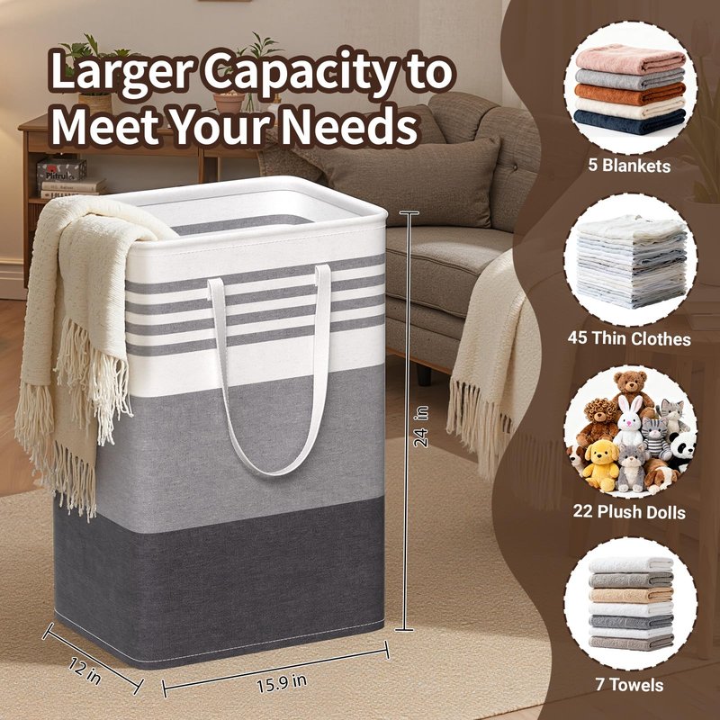 WOWBOX 2 Pack Laundry Baskets, Laundry Hampers, Freestanding Dirty Clothes Hampers with Reinforced Handles & Cross Stitch & Waterproof Coating, for Laundry Bedroom Bathroom Dorm,75L Grey