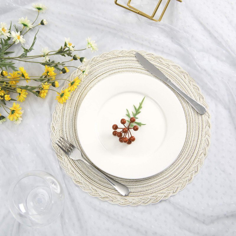 SHACOS Round Placemats Set of 4 Boho Braided Border Place Mats for Dining Tables Wedding Holiday Party (Ivory Bordered, 4)