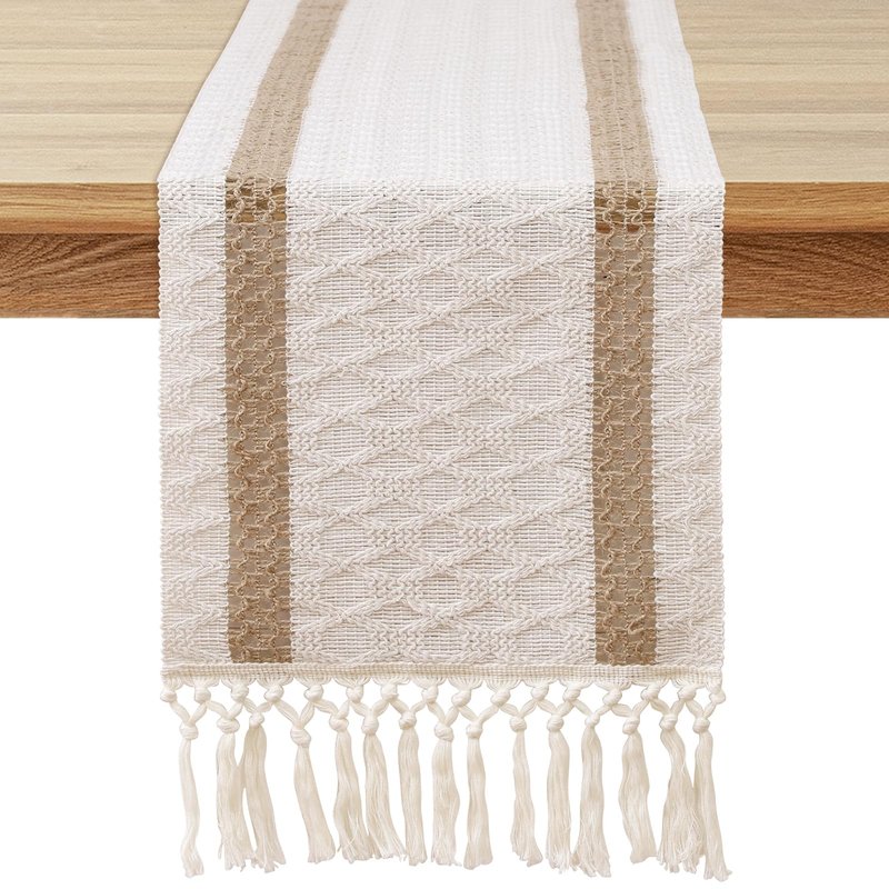 OTOSTAR Boho Table Runner with Tassels 108 Inches Long Farmhouse Rustic Table Runner Macrame Burlap Table Decoration for Home Decor Living Room Bridal Shower, Double Striped (12x108 Inches)