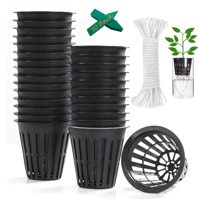 ORIMERC 2 inch Net Cups Pots 30 Pack with 30 feet Self Watering Wick & 30 Plant Labels for Hydroponics Aquaponics Planter Indoor Outdoor Growing Baskets Slotted Mesh UV Resistant & BPA Free