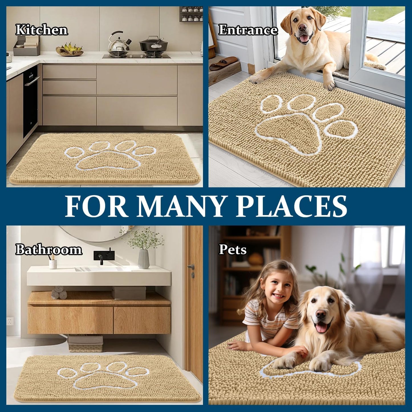 OLANLY Dog Door Mat - Absorbent Non-Slip Chenille for Muddy Paws | 47x20 Paw Print Design, Beige