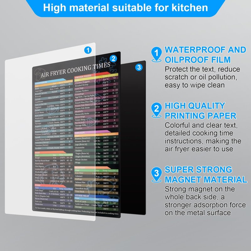 Air Fryer Cheat Sheet Magnetic Air Fryer Cooking Times Chart Magnet Cheat Sheet Set Air Fryer Accessories Cook Book Recipe Card Meat Temp Guide for Airfryer Oven Cooking Pot Kitchen Appliances 2 Pack