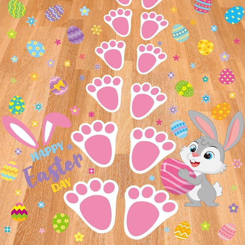 AUGSUN 275PCS Easter Bunny Footprint Stickers Set for Floor, Rabbit Footprints Easter Stickers with Eggs Flower Patterns, 48PCS Bunny Paw Prints for Egg Hunting Holiday Party Window Floor Decoration