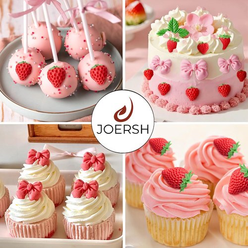 JOERSH 4PCS Strawberry Fondant Molds, Bow Fondant Silicone Molds, Fruit Baking Mold for Cake Decorating, Cupcake Topper, Chocolate, Candy, Candle, Clay