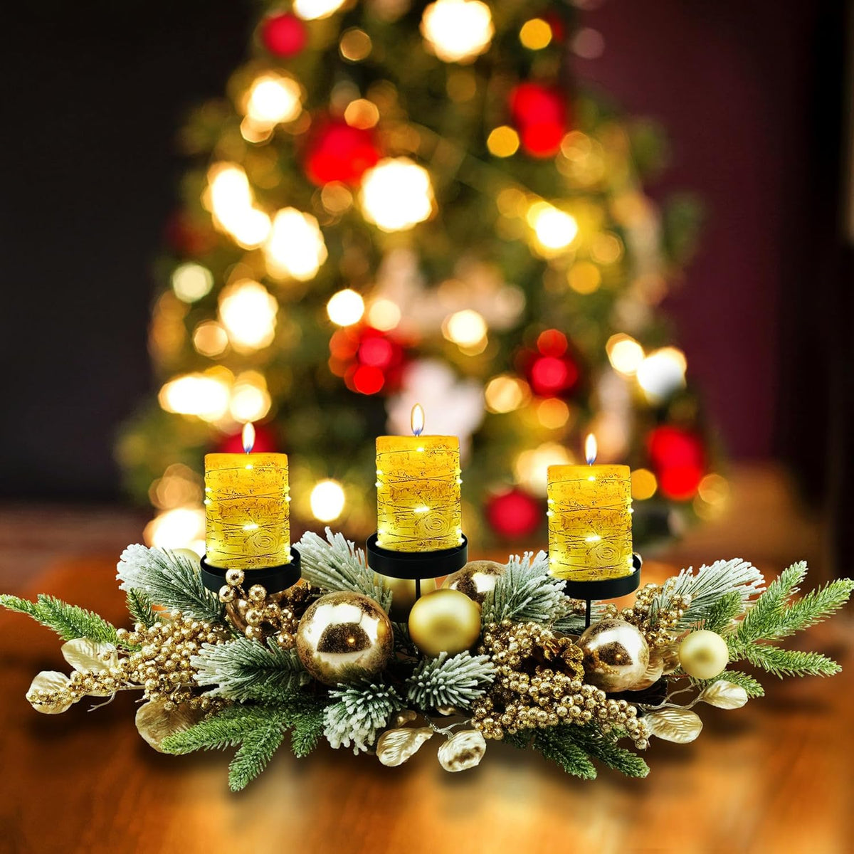 YULETIME 28" Christmas Triple Candelabrum - Elegant Holiday Candle Holder with Gold Baubles & Flocked Pine Needles