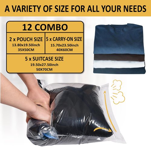 Cozy Essential Compression Bags for Travel - Travel Essentials - 12 Pack Space Saver Plastic Packaging Bags - No Vacuum Needed - Compression Packing Bags for Cruise Accessories