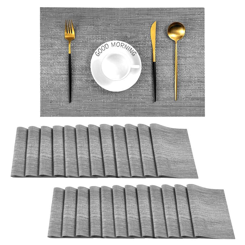 Leetaltree Grey Placemats, Heat Resistant Non-Slip Place mats for Dining Table, Washable Durable PVC Vinyl Woven Table Mats (Set of 24)