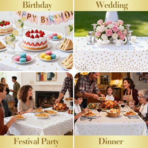 hapray 4 Pack Plastic Tablecloths for Rectangle Tables, Waterproof Disposable Party Table Cloths with Gold Dot, Rectangular Table Covers for Decorations, Baby Shower, Birthday, Wedding, New Year