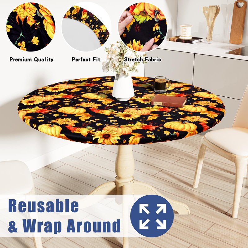 Moosfor Round Spandex Thanksgiving Tablecloth, Elastic Fitted Waterproof Tablecloths for 57"-68" Tables, Stretch Washable Picnic Table Cover for Autumn Harvest Parties, Pumpkin Sunflower