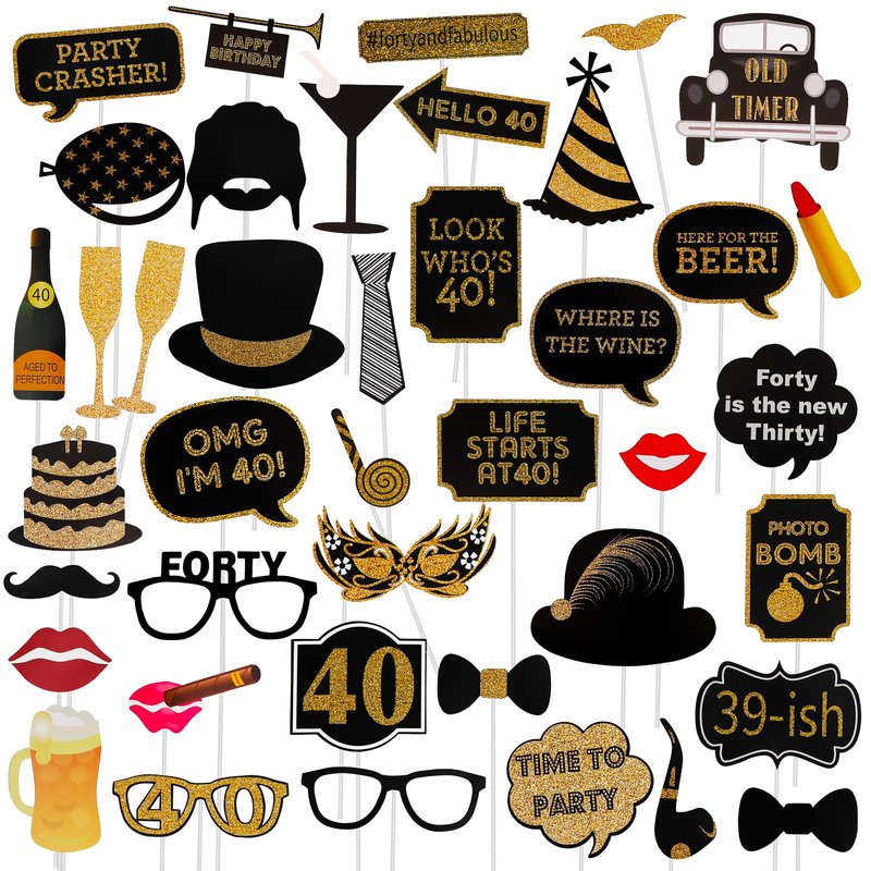40th Birthday Photo Booth Props - 41 Pcs Black and Gold Decor, Funny Milestone Party Supplies for Men & Women, Retro 1986 Theme Selfie Station Accessories for Surprise Party, 40th Celebration Bash