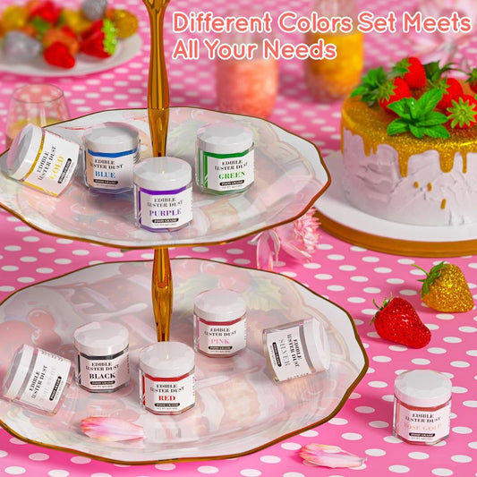 Luster Dust Edible Set - 2 Colors Food Grade Cake Dust Shimmer Powdered, Cherrysea Powder Food Coloring for Cocktails, Cookie Decorations, Cake, Drinks, Fondant, Candy - 4g/Bottle - Red+Pink