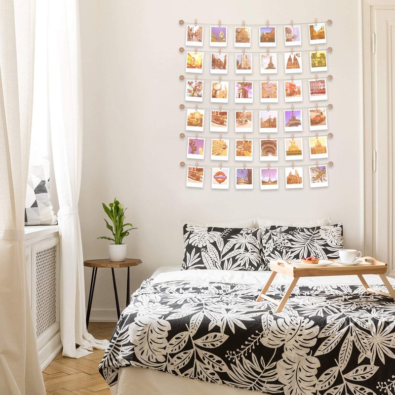 Mudder Aesthetic Dorm Room Photo Display with 50 Clip, Boho Wooden Hanging Picture String Wall Decor, Damage-free Photo Holder for Teen Girl Bedroom, College Apartment, Renter Friendly