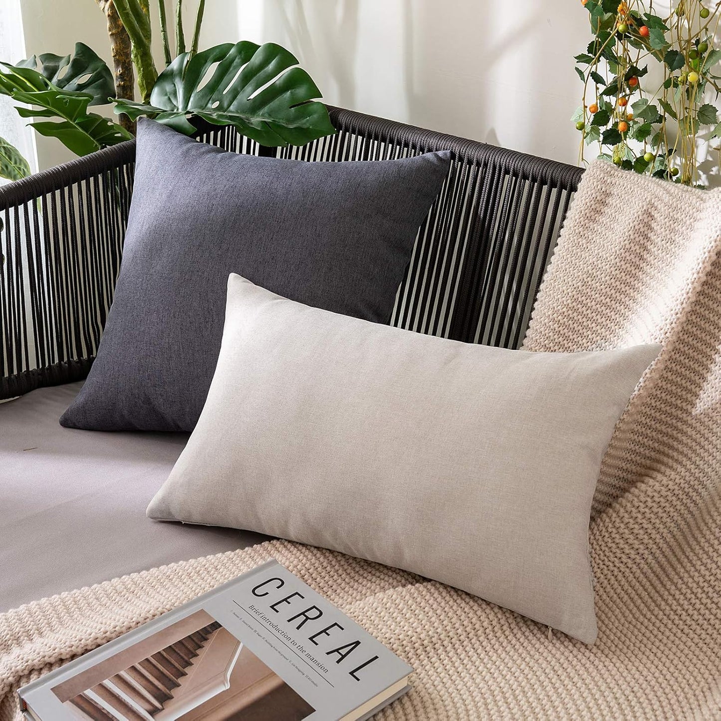 MIULEE Decorative Outdoor Throw Pillow Covers - Waterproof Faux Linen Cushion Cases | 16x16 Inch Dark Grey (Pack of 2)