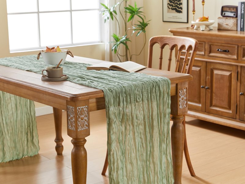QINJIEJIE Table Runner Cheesecloth 120 Inches Boho Gauze Cheese Cloth 10FT Sheer Table Runner for Summer Home Decor Birthday Wedding Baby Bridal Shower Holiday Party Decoration Sage Green