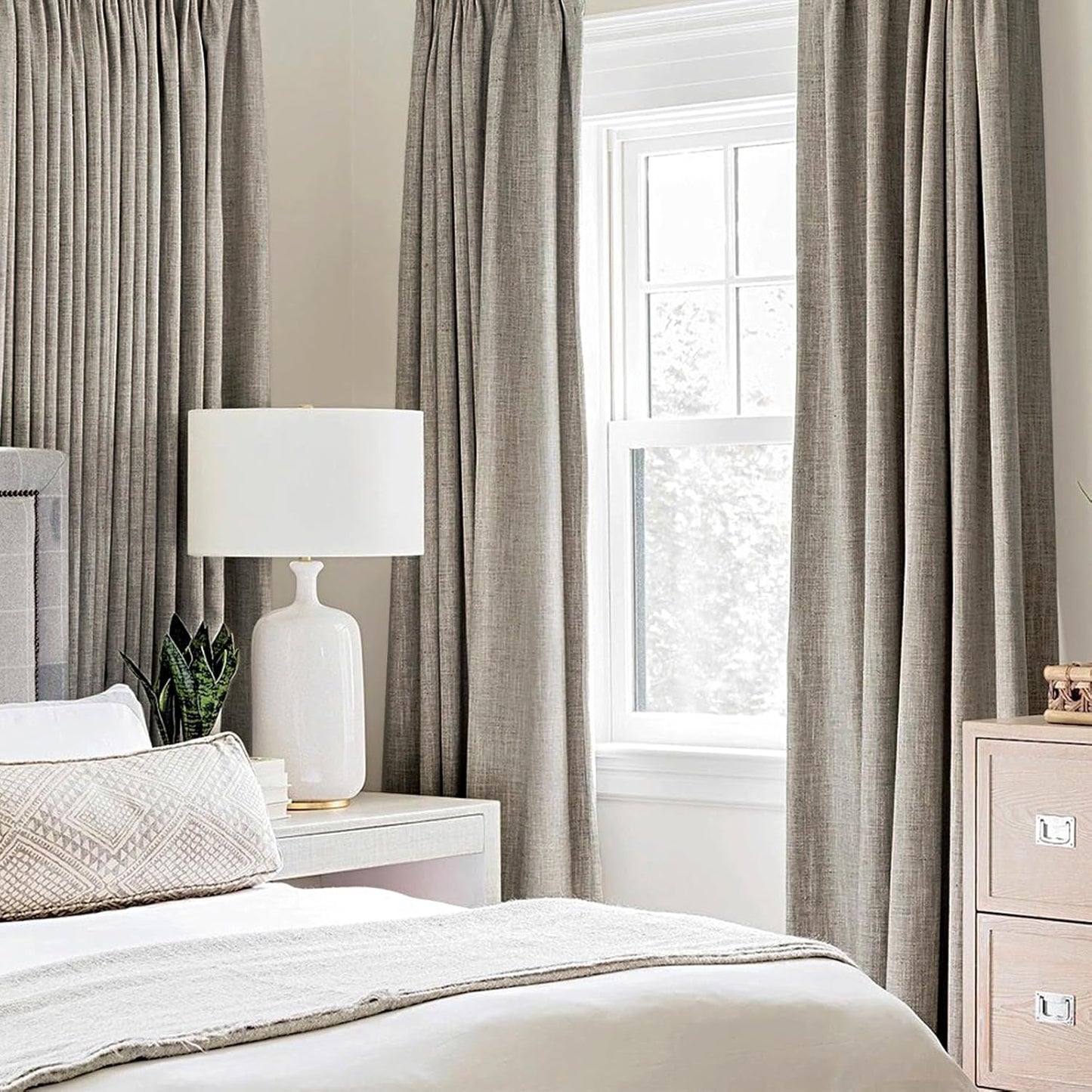 MIULEE Linen Curtains - 100% Blackout Thermal Insulated Drapes - Greige | 52x90 Inches (2 Panels)