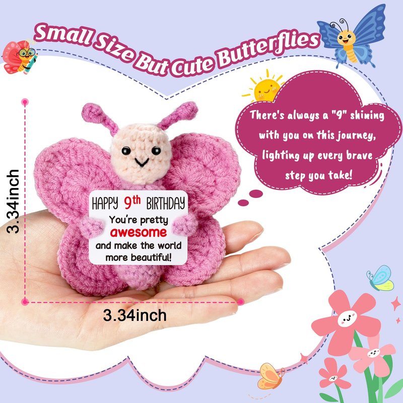 Weming Pink Crochet Butterfly 9th Birthday Gift, Handmade 4" Amigurumi Plush with “Happy 9th Birthday” Sign, Cute Small Stuffed Butterfly for Girls Daughter Granddaughter Tween Desk Decor
