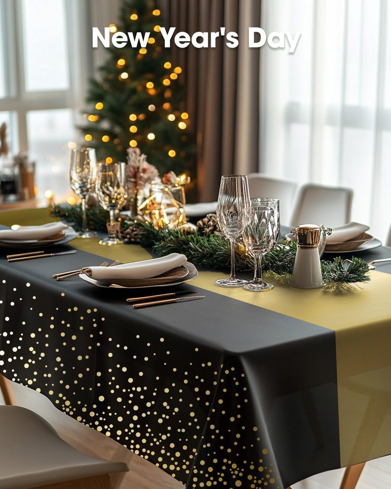 Pureegg Plastic Table Cloth Disposable 10 Pack, 54 x 108 Inch, Table Runner Style, Graduation Decorations 2026, Party Tablecloths, Rectangle, Plastic Cover, Leakproof & Sturdy, Black Gold