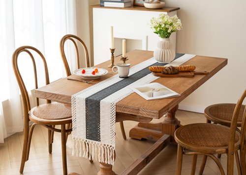 FEXIA Boho Table Runner for Home Decor with Tassels 60 Inches Long,Grey Farmhouse Rustic Table Runner Macrame Burlap Table Decoration for Living Room Bridal Shower(12x60 Inches)