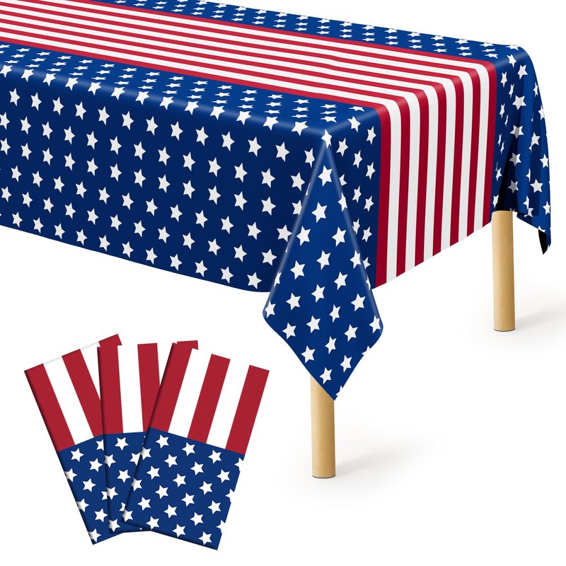 3Pcs 4th of July Tablecloths, 108" X 54" 250th Anniversary Patriotic Plastic Tablecloth, Rectangle 4th of July Table Cloth Red White Blue Tablecover, USA Party Supplies Independence Day Decorations