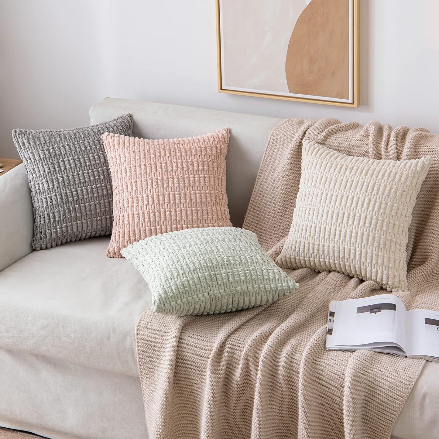 MIULEE Euro Sham Pillow Covers - Soft Boho Striped Corduroy | Pack of 2, 22x22 Inch, Cream White