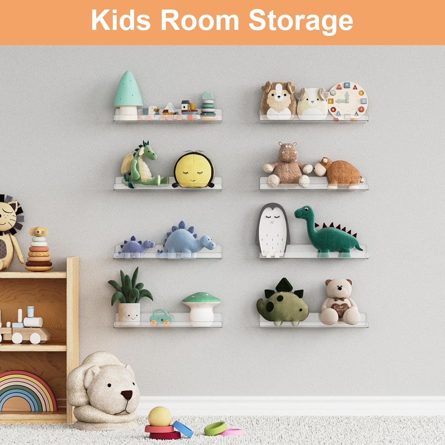 Upsimples 8 Pack Acrylic Wall Shelves - Clear Display Shelf for Toys, Perfume & Books | 15" Organizers