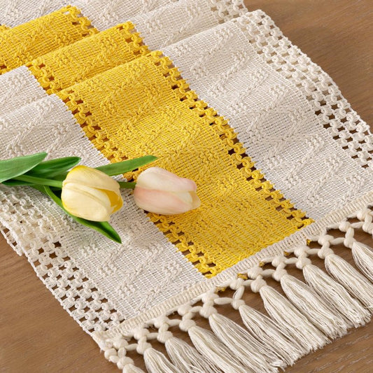 Socomi Boho Table Runner Macrame Summer Farmhouse Woven Cotton Linen Rustic Coffee Table Runner with Tassels for Dresser Scarf Home Decor Dining Room 12x90 inYellow Gold Ivory