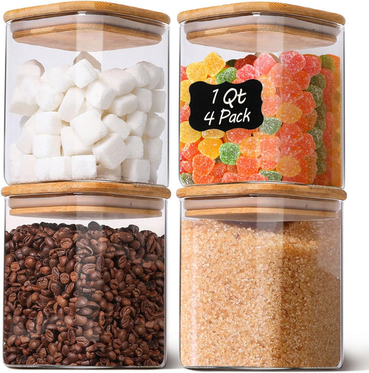 Skiennix 1Qt Airtight Glass Canisters - Bamboo Lid Square Pantry Storage for Coffee, Snacks & More | 4-Pack